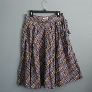 Plaid Cotton Hemp Pleated Maxi Long Skirt